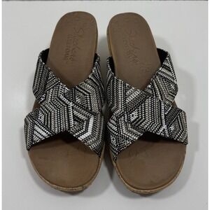 Skechers Luxe Foam Wedge Sandals‎ Women's Size 9 Black Gold Slip On EUC